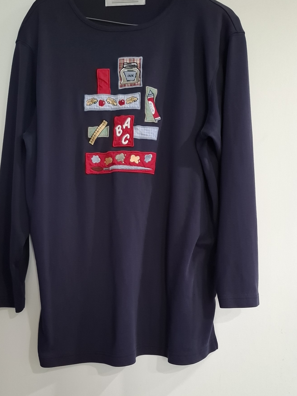 Vintage Karen Scott Navy Crewneck Sweatshirt with Red Patch Motif